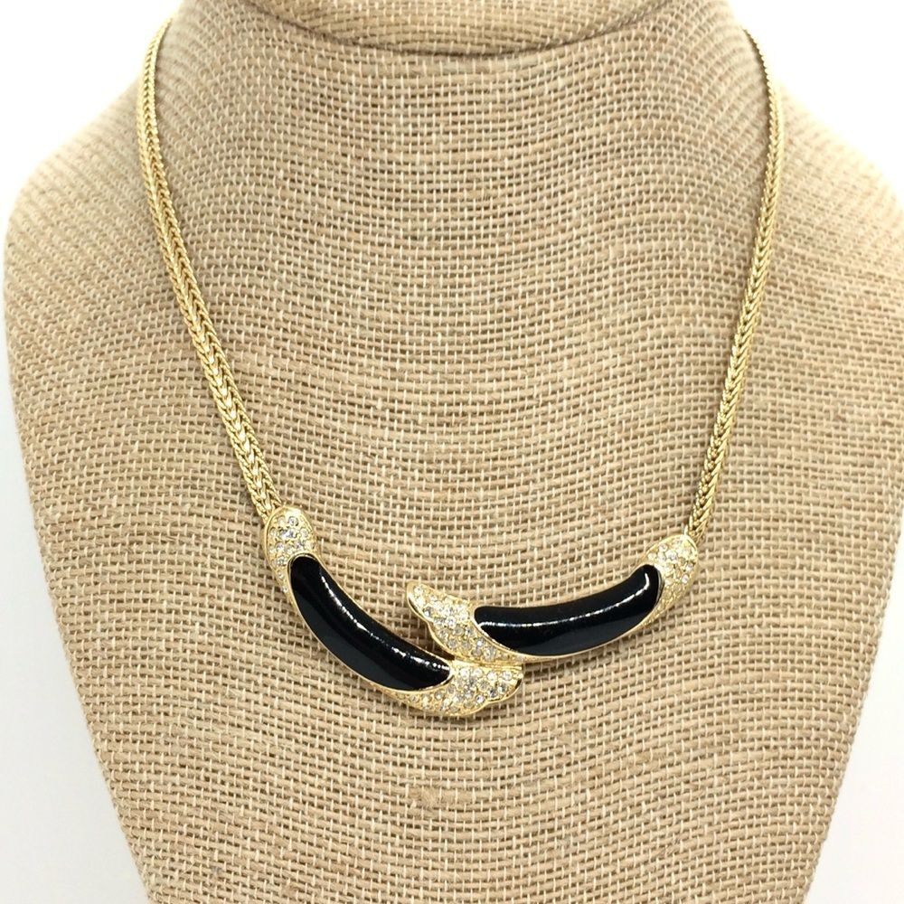 VINTAGE MONET NECKLACE Black Enamel Rhinestone Collar Gold Tone Statement 80s